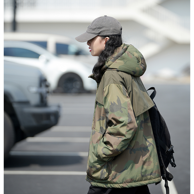 Japanese Retro Camouflage 90 White Duck down Jacket for Women, Designer Style, Faux Two-Piece, Outdoor Waterproof Workwear, Windbreaker Coat
