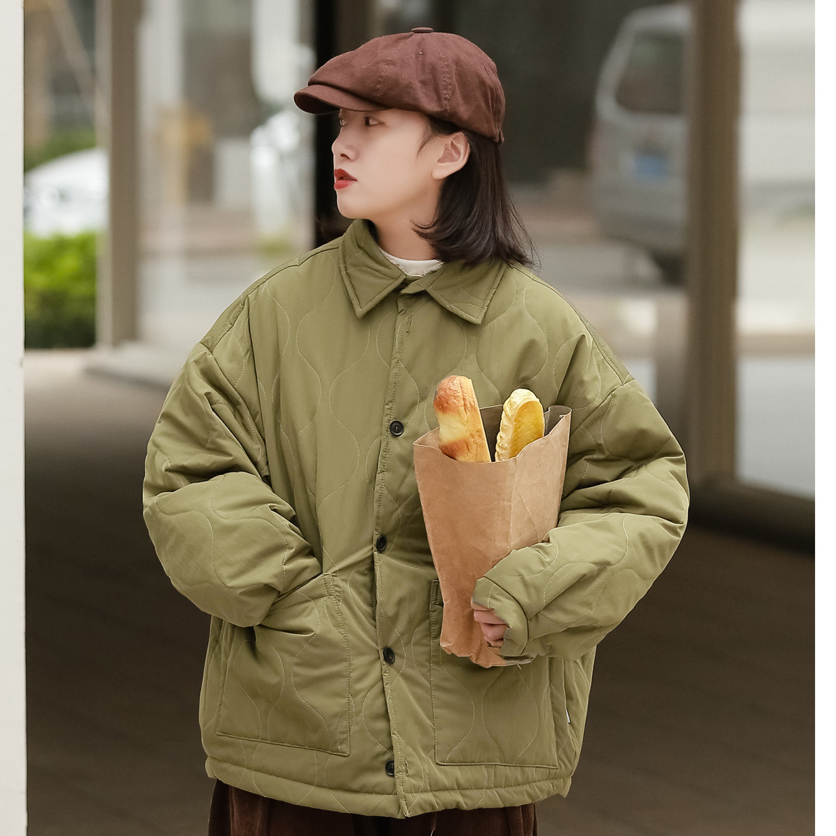 Walking upright early winter simple and thin diamond-shaped thermal jacket cotton jacket female student Western style cotton jacket bf tide