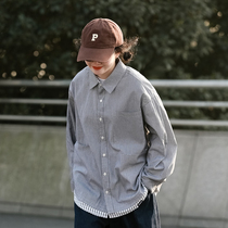 Design sense small crowdsourced fake two striated long sleeves shirt male and female national tide card spring and autumn casual tooling shirt jacket bf