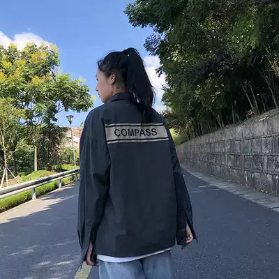 Tooling long sleeve shirt women loose neutral Japanese multi pocket Street shirt 2021 New Back printed top