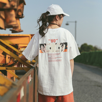 悟空 Cartoon print T-shirt womens short-sleeved Japanese retro neutral bf wind loose couple student off-shoulder half-sleeve tide