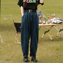 High waist loose outline denim jeans Women in the street Sexual Salt Ensemble handsome Fried Street Broadleg Long Pants Spring Loaded Dark Blue Pants