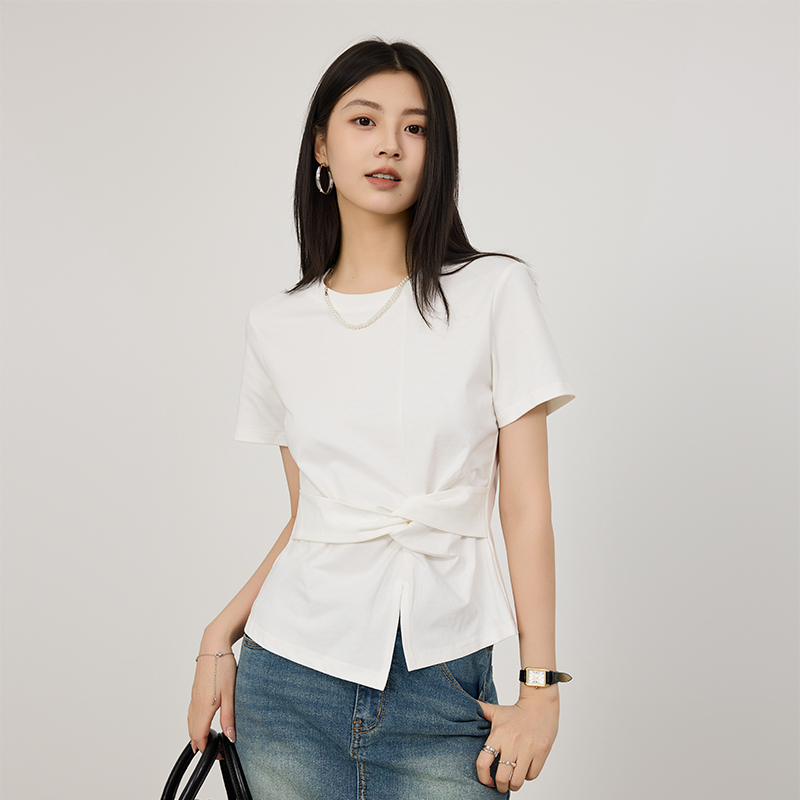 Summer Slim-Fit Strappy Round Neck Short-Sleeved T-Shirt for Women with Front Slit, Cross-Knotted, Asymmetrical Design, Twist Top