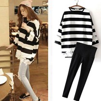 Pregnant women autumn suit fashion model 2020 new long sleeve stripes long top tide mother belly pants two-piece set