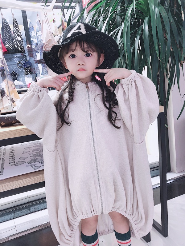 Original custom children's girls boys autumn loose bubble sleeves asymmetrical long jacket zipper hooded sweatshirt