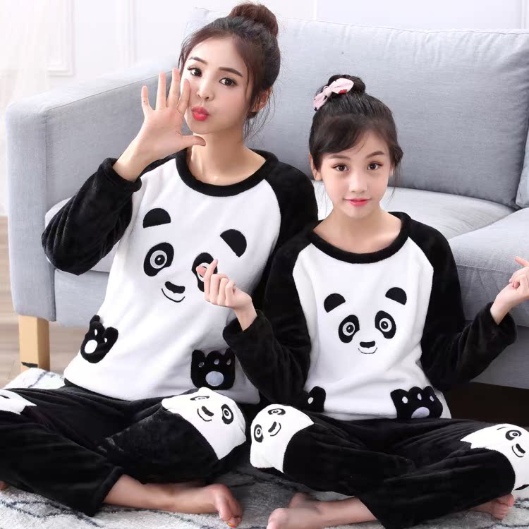 Bộ đồ ngủ cha mẹ trẻ em mùa đông ba lông cừu san hô dày mẹ và con gái flannel chàng trai và cô gái lớn trẻ em mẹ và con bộ đồ ngủ ngắn tay