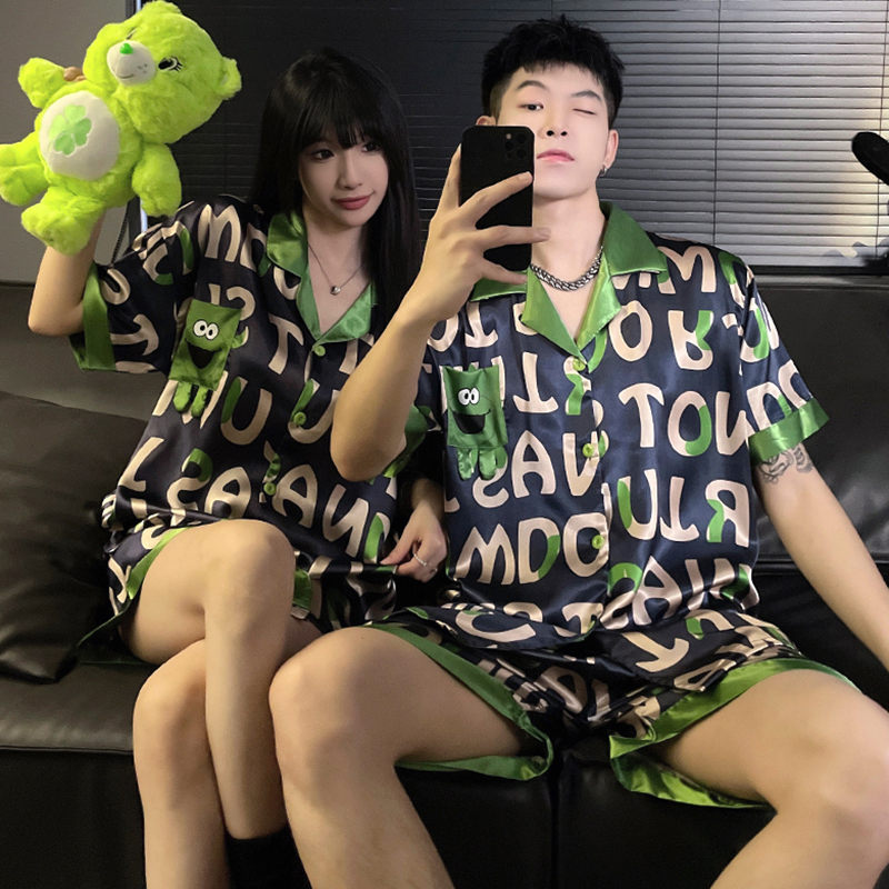 Couple's Pajamas for Women, Summer Ice Silk Short-Sleeved, Can Be Worn Outside, 2025 New Summer Thin Men's Home Wear Set