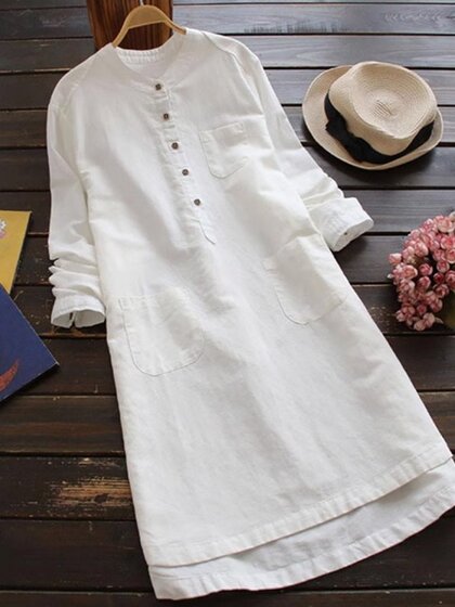 清仓特价~200斤大码女装春秋白色立领亚麻衬衫裙长袖棉麻连衣裙夏