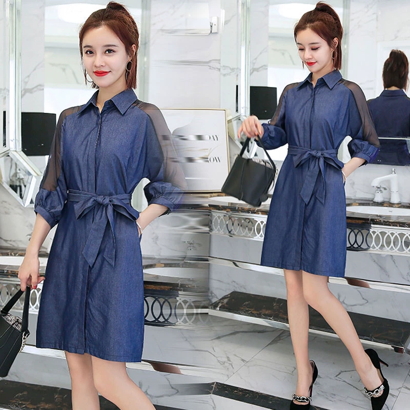 Deep Yidu 2019 thu đông phong cách mới size lớn cho nữ mùa xuân và mùa thu thời trang denim hoang dã 1837 - váy đầm