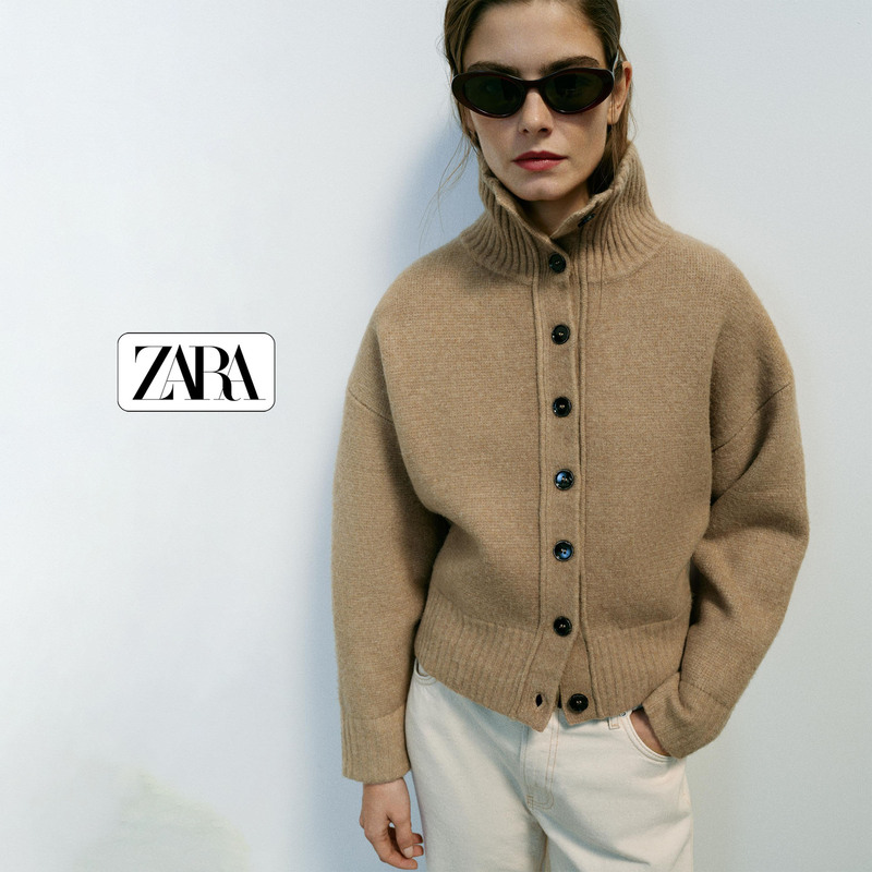 Direct Shipping Purchase of Zara Women's Knitwear: Stand Collar, Drop Shoulder, Long Sleeve, Button-Up Cardigan, Sweater, Short Jacket