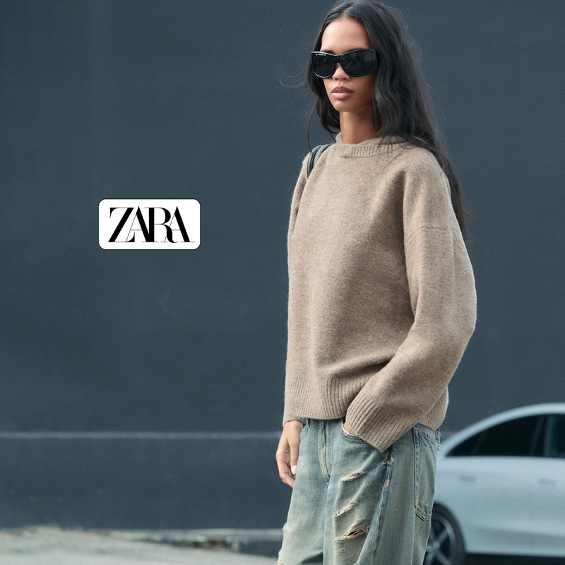 Direct Shipping Purchase of Zara Hooded Knitwear for Women, Off-Shoulder Long-Sleeve Loose Pullover Casual Soft Sweater