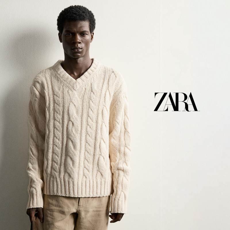 Direct Shipping Purchase of Zara Men's Cable Knit Sweater, Drop Shoulder Long Sleeve V-Neck Loose Pullover Sweater for Autumn and Winter