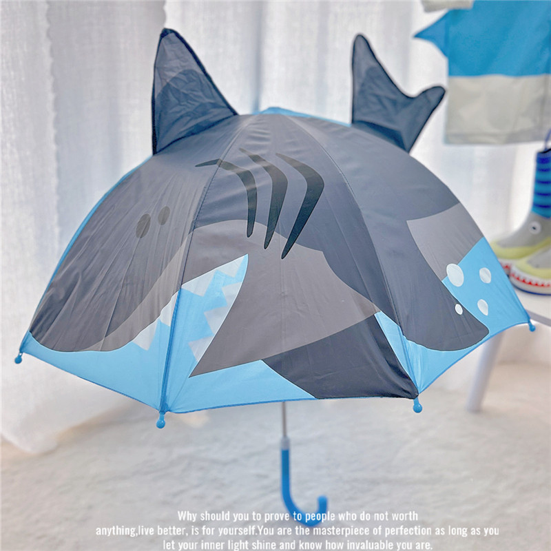 Cute Children's Umbrella for Boys, Kindergarten Baby, Lightweight Long-Handled Push Umbrella, Three-Dimensional Shark Umbrella for Boys, Suitable for Both Sunny and Rainy Days