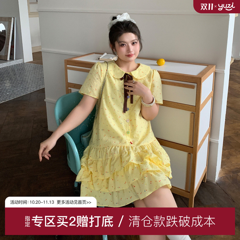 Yuzi Caviar Floral Cake Dress Doll Collar Short-Sleeved Yellow Mid-Length Sweet Age-Reducing Plus Size Women's Clothing