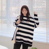 YUZI fish family 2021 spring new big code round collar striped sweatshirt fat mm covered with slim loose long sleeve upper female