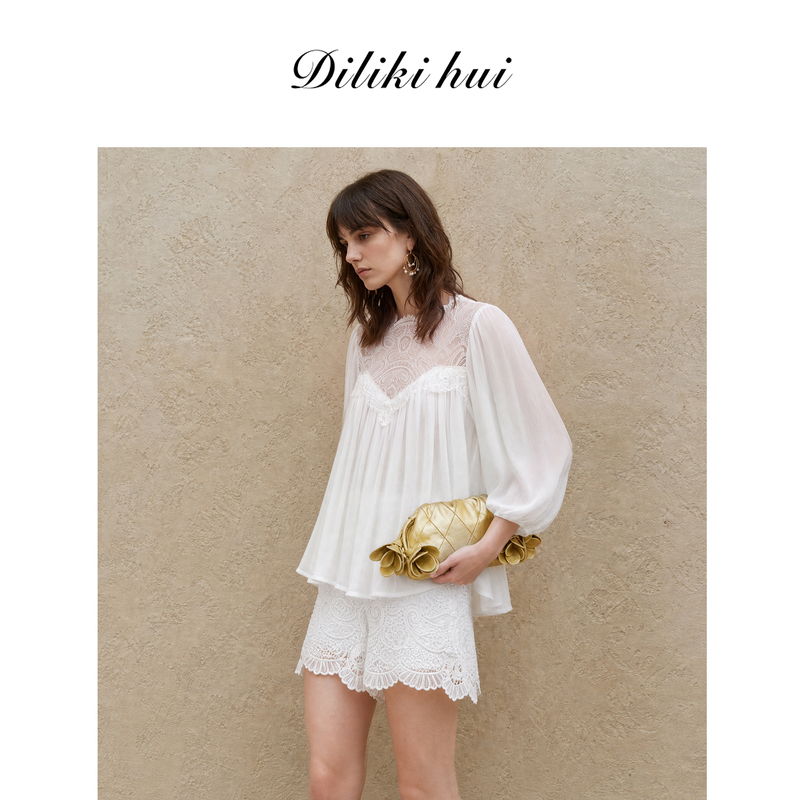 Diliki Hui White Crown French Lace Patchwork 100% Mulberry Silk Top Loose Puff Sleeve Silk Shirt Diliki Hui White Crown French Lace Patchwork 100% Mulberry Silk Top Loose Puff Sleeve Silk Shirt