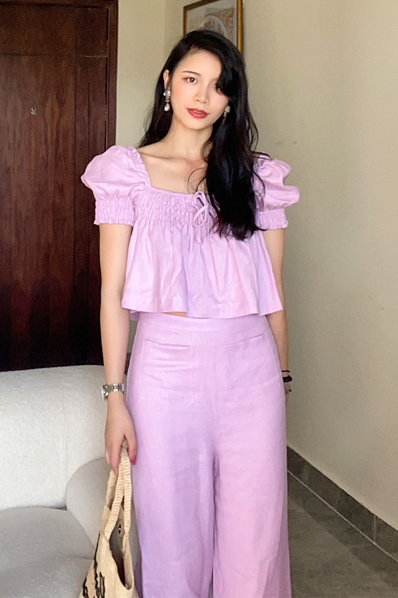 Wu Wanchen summer suit female 2021 new summer dress purple thin fashion top wide-leg pants two-piece suit pants