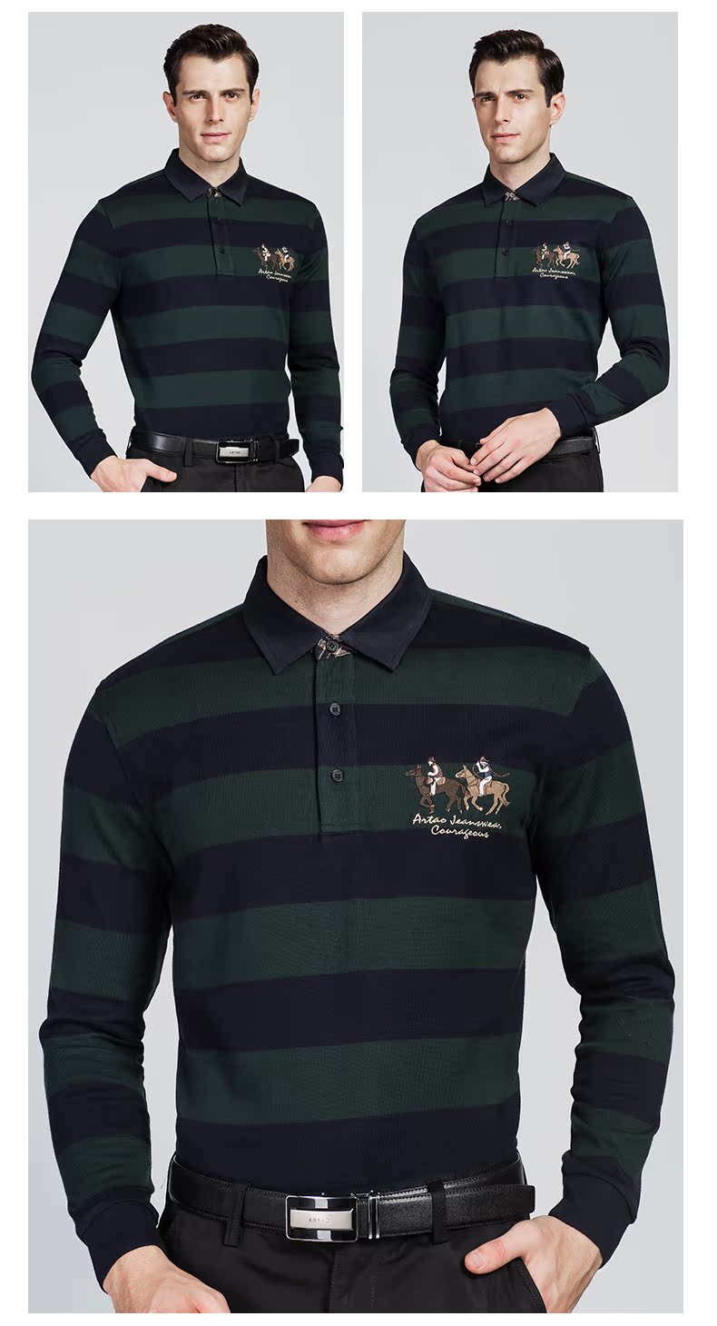 Ya Tao áo thun nam cotton polo áo màu tương phản sọc dài tay nam áo thun trung niên thêu hoa ve áo từ bi ao thun polo nam