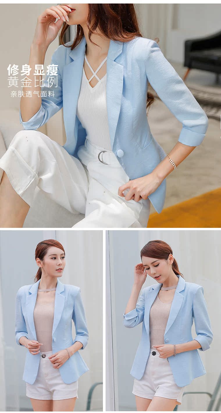 Áo khoác nữ nhỏ phù hợp Phiên bản Hàn Quốc mới của áo sơ mi nữ bảy điểm tay áo giản dị cotton ngắn và blazer vải lanh các kiểu áo sơ mi họa nữ đẹp
