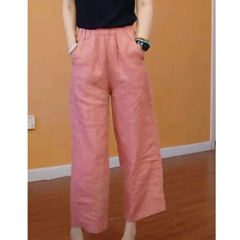 Fashionable Pink Cotton-Linen Cropped Straight-Leg Pants for Women, Summer 2026, Thin High-Waisted Slimming Loose Versatile Casual Pants