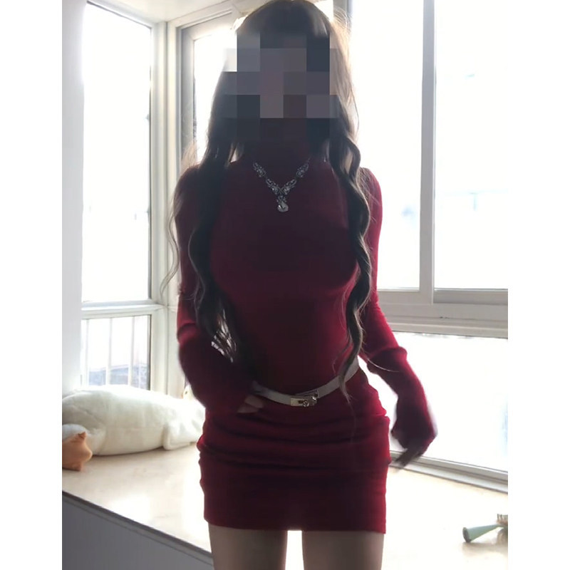 Autumn and Winter Brushed Fleece Warm Long-Sleeve Inner Dress, Sexy Tight-Fitting Waist-Cinching Bust-Enhancing Bodycon Short Dress for Women
