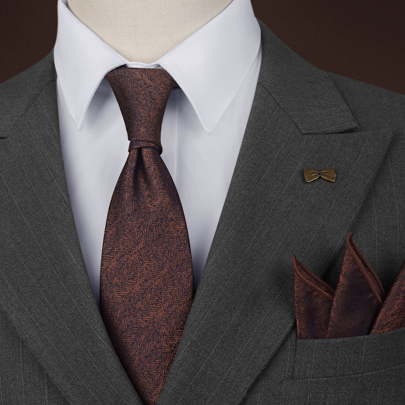 Men's Formal Tie, Brown, No-Knot Groom's Tie, High-End Vintage Coffee Color, Hand-Tied Style, Business Pocket Square