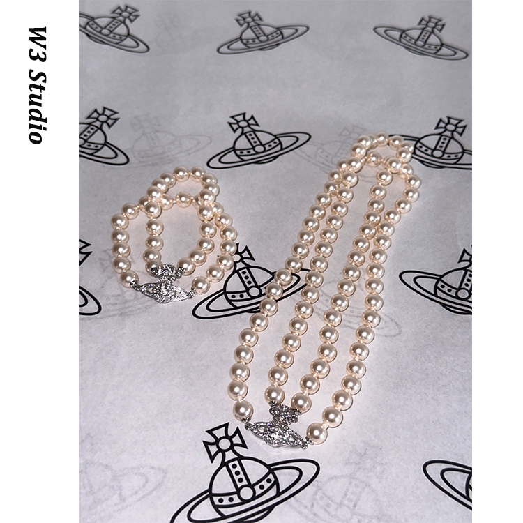 W3Studio High-Quality Saturn Double-Layer Pearl Necklace Bracelet with Diamonds, European and American Niche Style, Elegant Socialite Style Choker