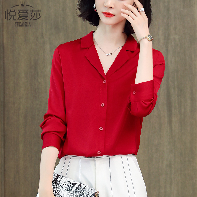 2025 Spring Red Suit Collar Silk Shirt for Women, Long Sleeve Solid Color Heavy Mulberry Silk Women's Top, Loose Fit Shirt