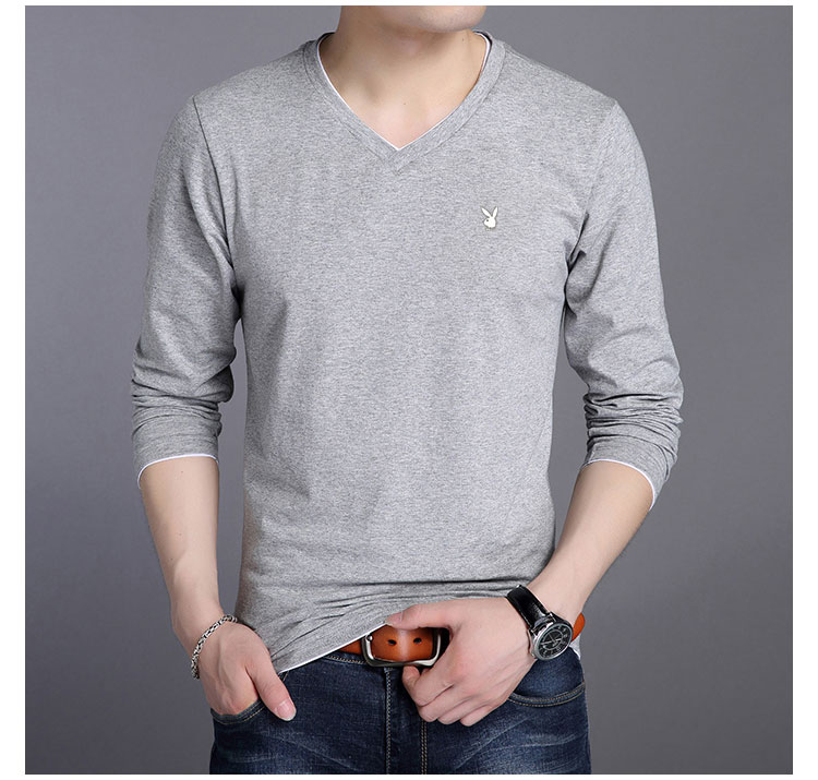 Playboy thu đông nam thanh niên áo thun dài tay cotton cổ chữ V nam cộng với áo nhung dày chạm đáy triều ao thun nam