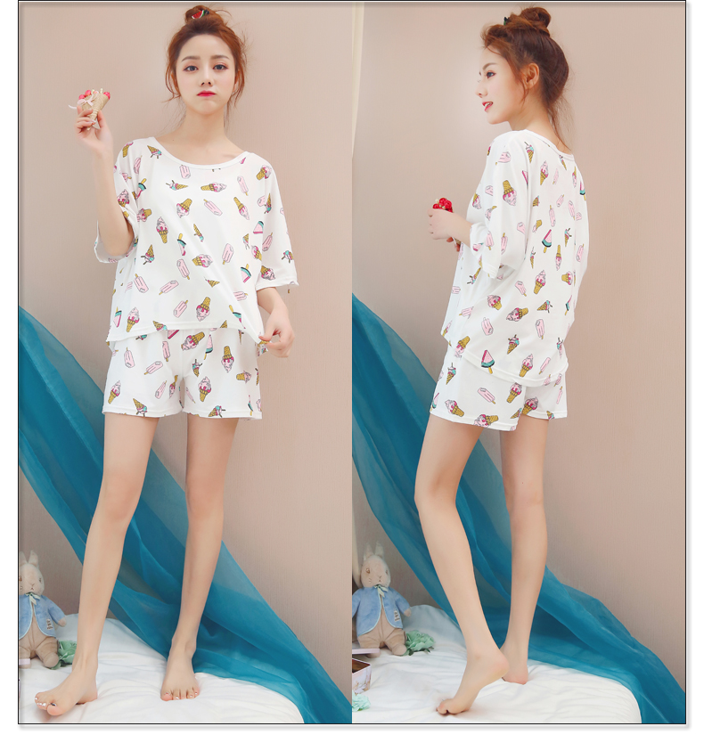 Ngắn tay đồ ngủ nữ mùa hè cotton Hàn Quốc sinh viên tươi lỏng dễ thương dịch vụ nhà hai mảnh phù hợp với có thể được đeo