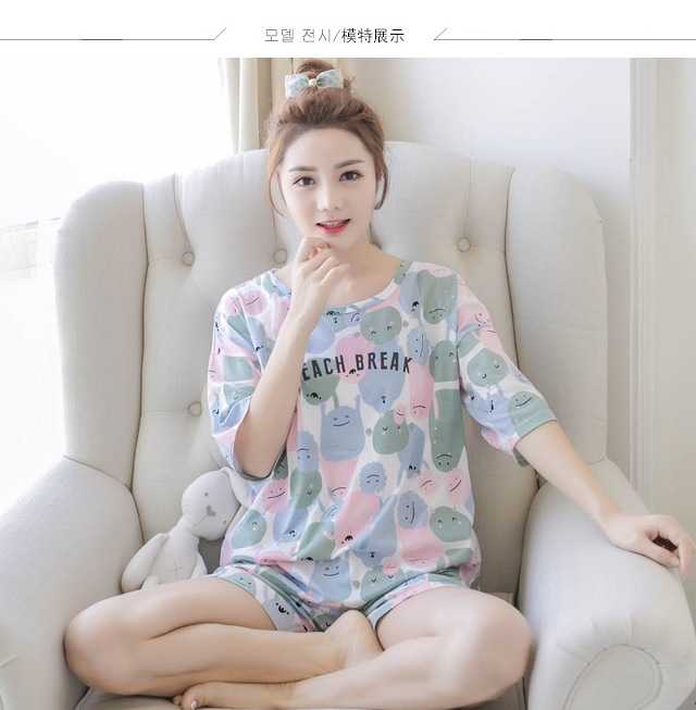 Ngắn tay đồ ngủ nữ mùa hè cotton Hàn Quốc sinh viên tươi lỏng dễ thương dịch vụ nhà hai mảnh phù hợp với có thể được đeo