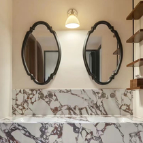 Bathroom bathroom mirror wall-mounted retro carved bathroom mirror American smart LED light defogged makeup mirror