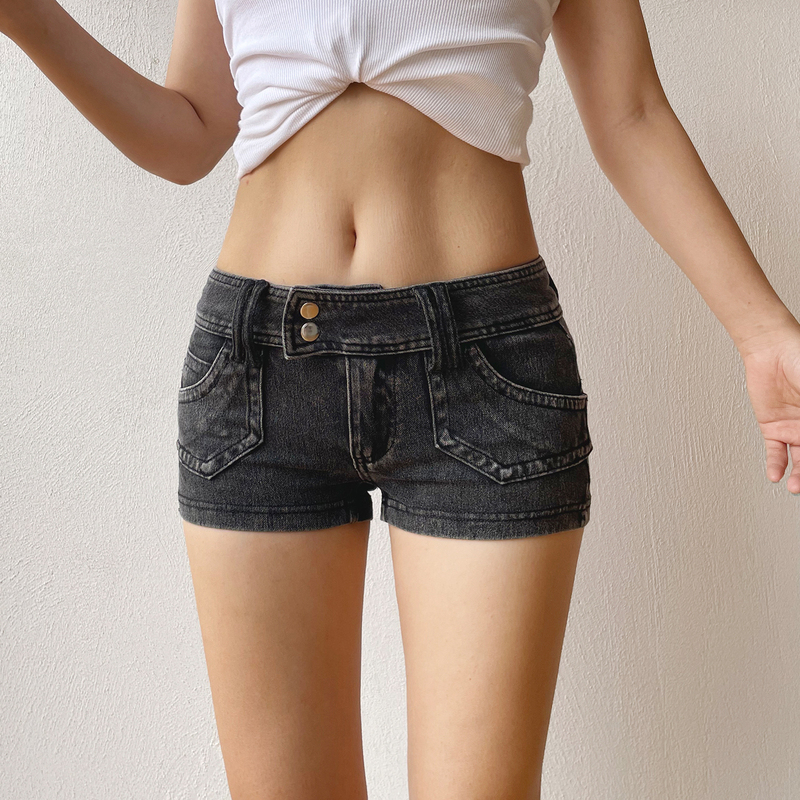American Style Spicy Girl Distressed Black and Gray Low-Waist Denim Shorts for Women, Summer Petite Elastic Tight-Fitting Hip-Hugging Hot Pants Y2K