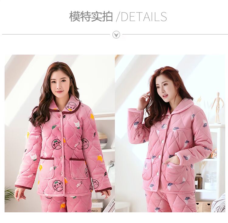 Bộ đồ ngủ của phụ nữ mùa đông dày ba lớp Bộ đồ ngủ bằng vải flannel nhung san hô có thể được mặc bên ngoài áo khoác cotton cỡ lớn đồ ngủ ấm pijama nam