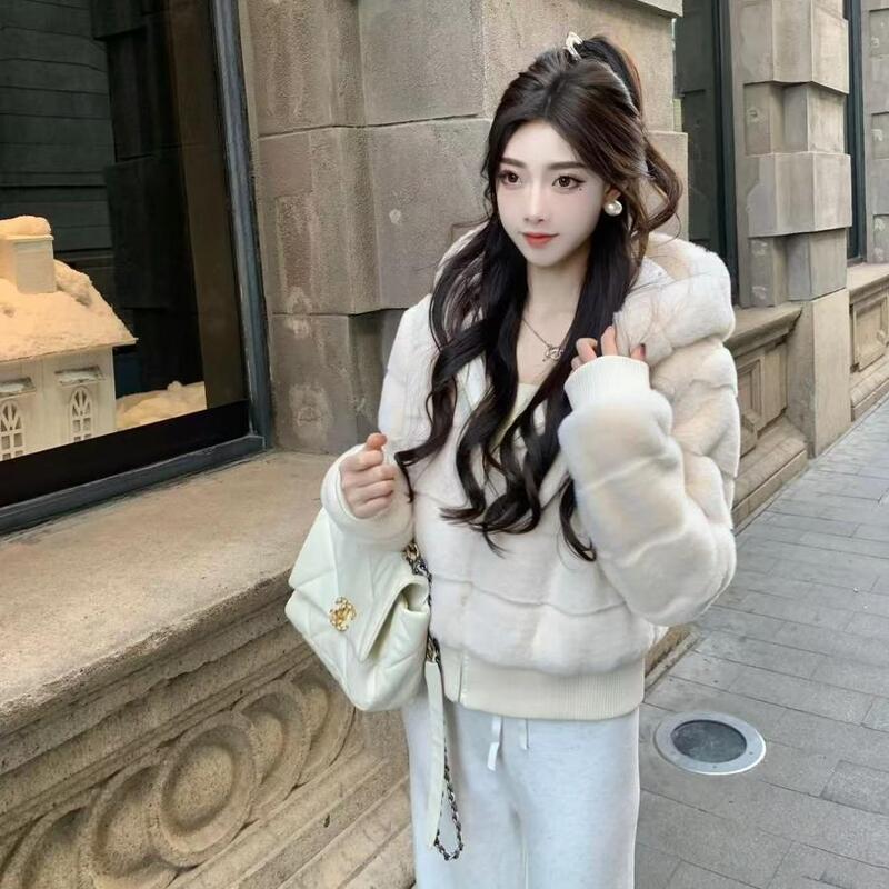 Imitation Mink Fur Coat for Women, New Eco-Friendly Fur Short Jacket, Loose Hooded Furry Ribbed Jacket for Autumn and Winter
