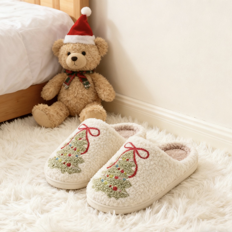Christmas Limited Edition Couple Slippers, Korean Style, High Aesthetic Value, Christmas Tree Cotton Slippers, Winter Fleece-Lined, Home Warm Indoor Shoes