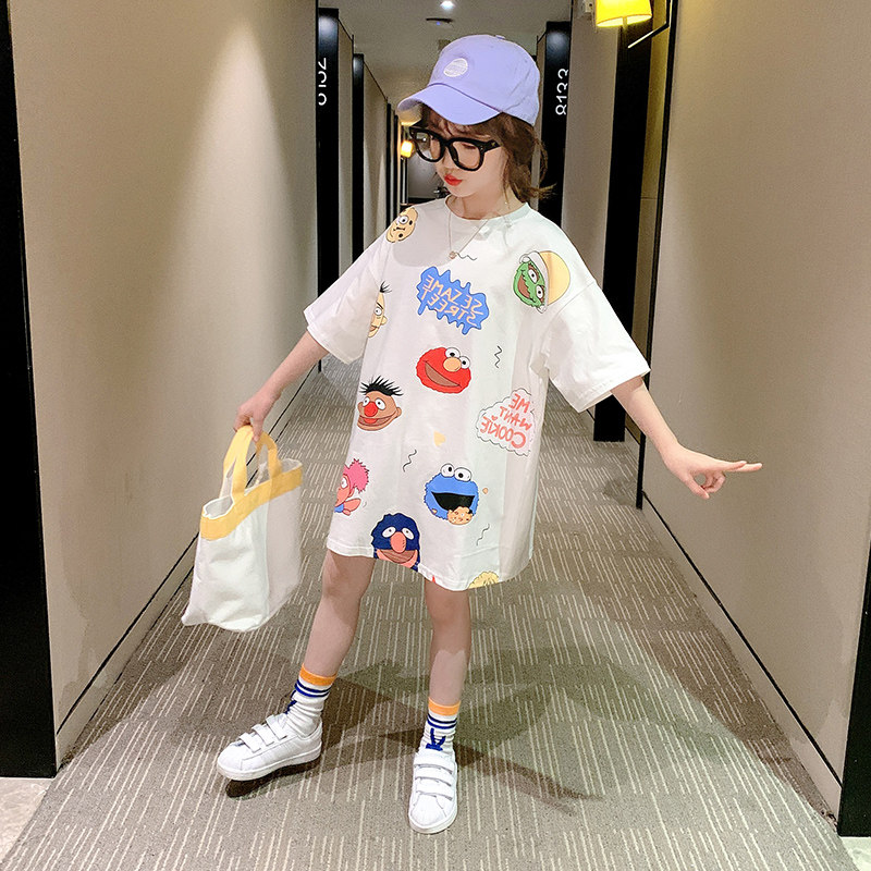 Girl Short Sleeve T-shirt 2021 Summer Dress New Children Summer Mid-Season T-shirt CUHK Child Loose Blouse Foreign Pie