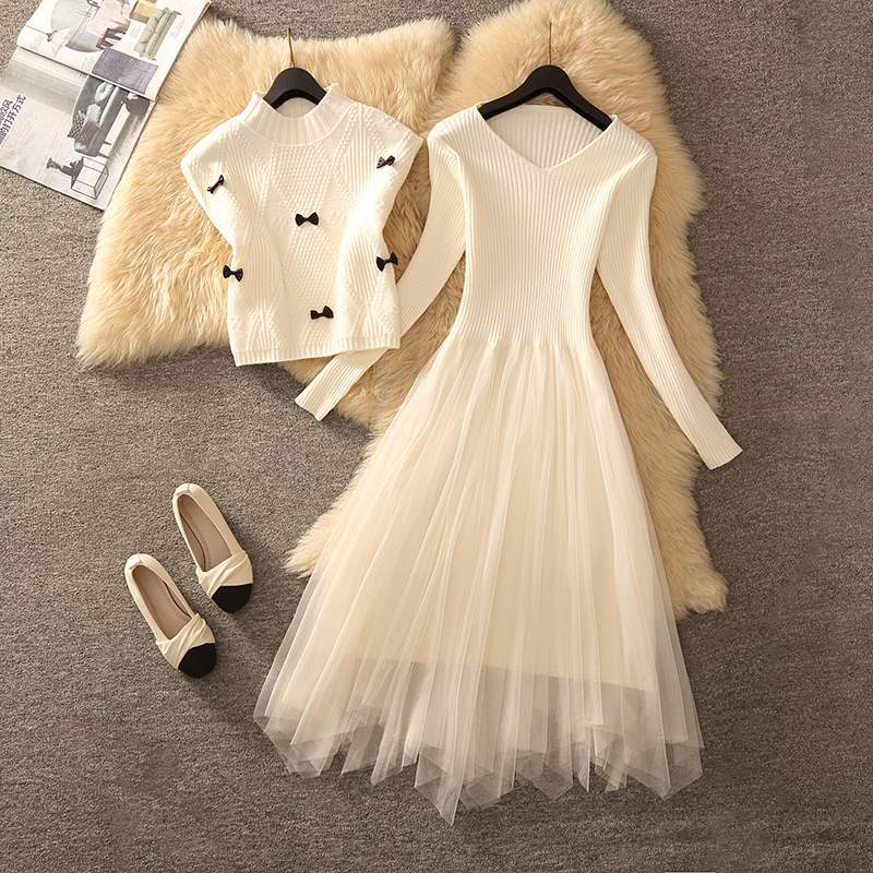 Tweed Style White Long-Sleeved Knitted Dress 2026 New Women's Autumn and Winter Petite One-Piece Dress Skirt Two-Piece Set Tweed Style White Long-Sleeved Knitted Dress 2026 New Women's Autumn and Winter Petite One-Piece Dress Skirt Two-Piece Set