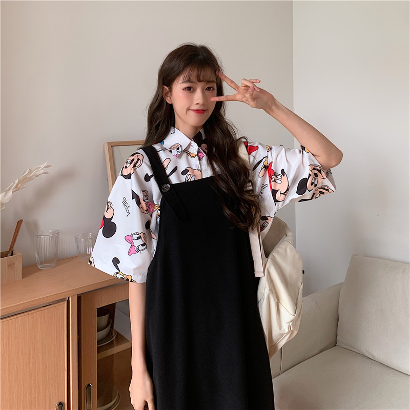 Real photo Shirt Short Sleeve T + strap skirt two pieces suit women's medium length fashion style slim dress