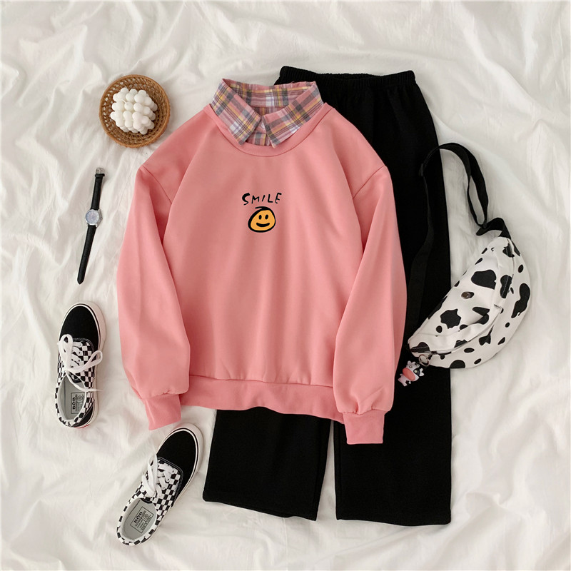 Real shot ~ new autumn and winter holiday two piece loose Polo doll collar color matching thickened Plush sweater set