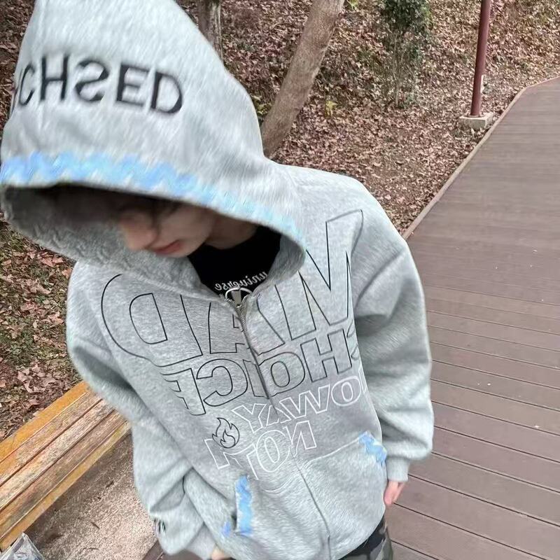 American High Street Style Embroidered Towel Embroidery Hooded Cardigan Sweatshirt for Men and Women, Autumn and Winter Couple's Versatile National Trend Loose Jacket American High Street Style Embroidered Towel Embroidery Hooded Cardigan Sweatshirt for Men and Women, Autumn and Winter Couple's Versatile National Trend Loose Jacket