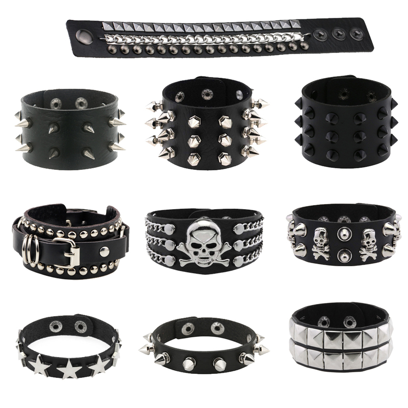 European and American Punk Style Rivet Leather Bracelet, Unisex Y2K Personalized Skull Dark Trendy Leather Bracelet