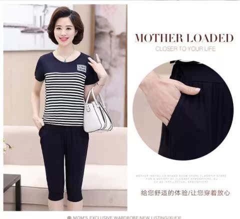 Áo thun mẹ trung niên tay ngắn thể thao phù hợp với cotton cotton rộng kích thước trung niên cotton hai mảnh - Quần áo của mẹ áo khoác tuổi trung niên