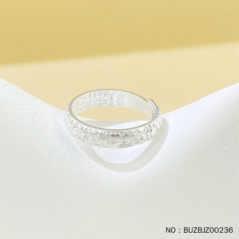Pure silver solid ancient method curly grass pattern heart sutra plain silver living ring