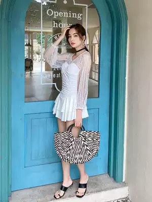 Swimsuit women are thin and cover their stomachs, Korean ins style, small breasts, gathered, conservative skirt-style one-piece swimsuit, hot spring fairy fan