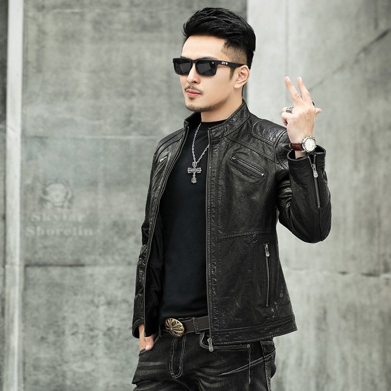 Henning genuine leather fur coat men's head layer calf leather oil wax leather jacket short leather jacket upright locomotive repair wheat home