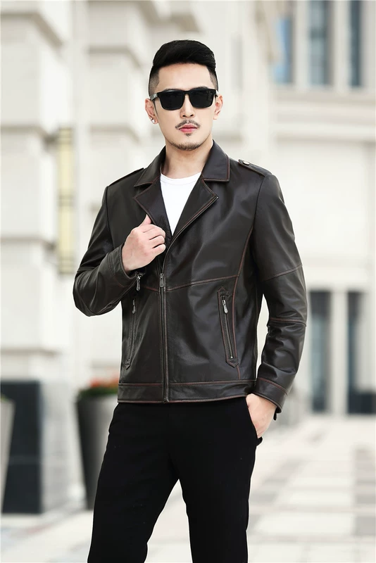 Hained leather leather new top layer leather nam mùa thu áo khoác trẻ trung đoạn ngắn Quần áo đẹp trai đi xe máy - Quần áo lông thú áo khoác da nam