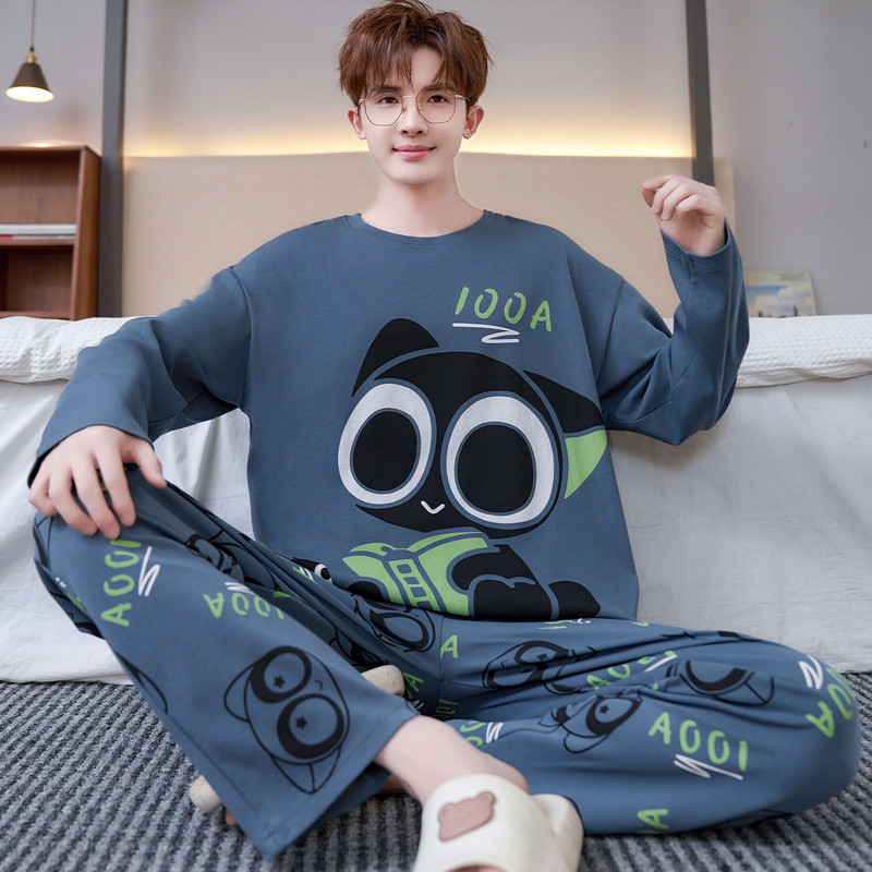 Men's Pajamas, Pure Cotton, Long-Sleeved, Spring and Autumn Style, Cartoon, Teenagers, Students, Big Children, Plus Size, Home Wear Set