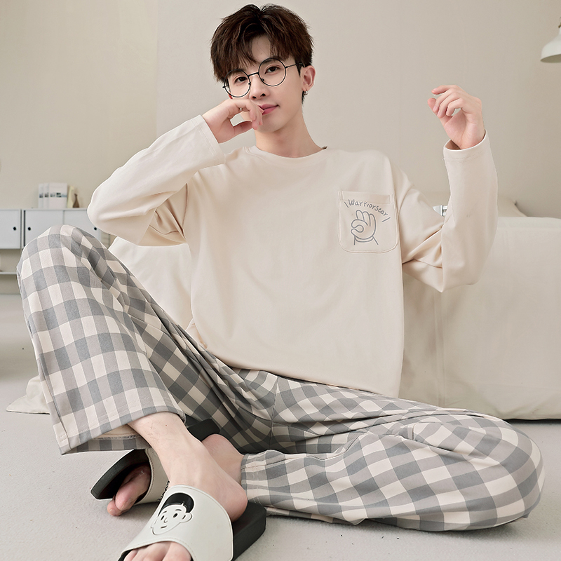 Pajamas for Men, Spring and Autumn, Pure Cotton, Long-Sleeved, New Style for Teenagers, Plus Size, Cartoon, Big Children, Junior High School Students Set