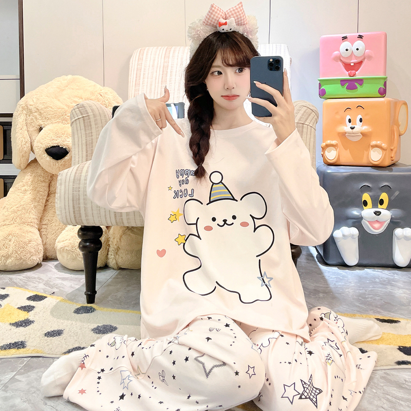 Pure Cotton Pajamas for Women, Spring and Autum Long-Sleeved, Cute Cartoon Bears, Junior High School Students Can Wear Outside, Girls' Home Clothes Set Pure Cotton Pajamas for Women, Spring and Autum Long-Sleeved, Cute Cartoon Bears, Junior High School Students Can Wear Outside, Girls' Home Clothes Set